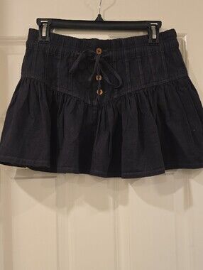 We The Free Black Tiered Skater Mini Skirt with Button and Drawstring